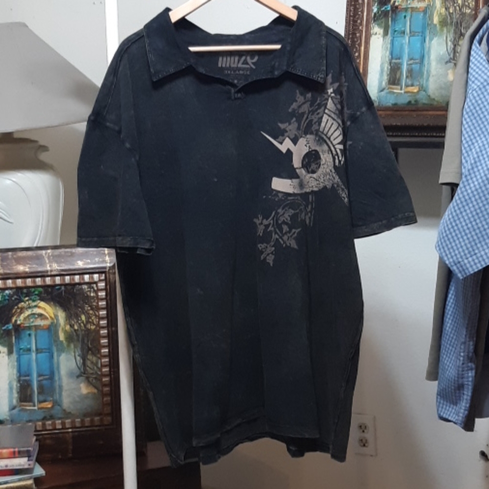 Mens Black Collared Graphic Design shirt Tshirt b36 Short Sleeve Sz 3XL MUZE